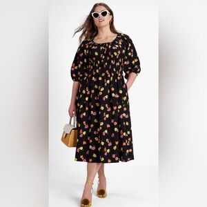 Kate Spade Black Midi Dress with Colorful Floral Print